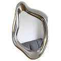 Unique Shaped Silver Metal Mirror With Modern Curved Frame Reflecting Living Room Sofa