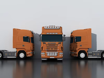 Three Orange Electric Toy Trucks Parked Side by Side with Detailed Front Design 3d model