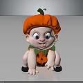 Cute Baby in Pumpkin Hat with Pumpkin Pattern Clothing Crawling on Gray Background