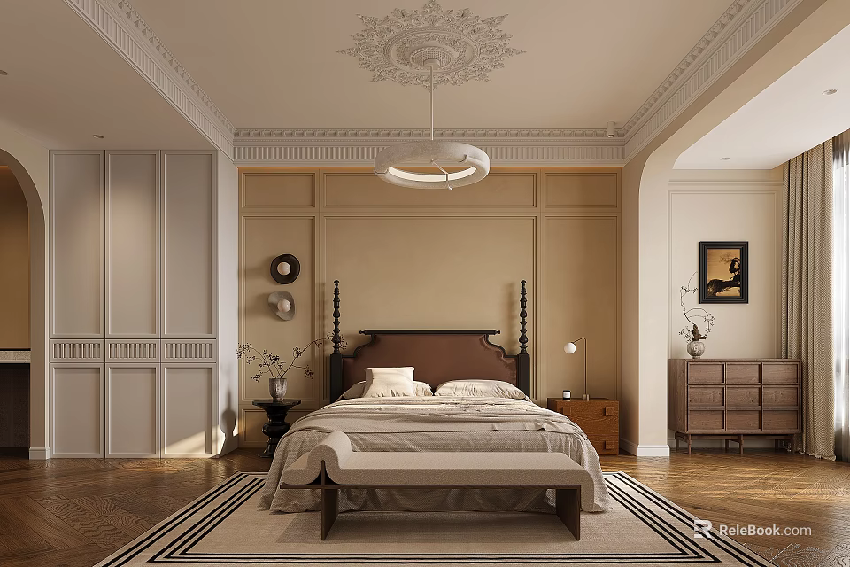 Elegant Bedroom Interior Design With Paneled Walls Decorative Ceiling Wooden Flooring And Area Rug 3d model 