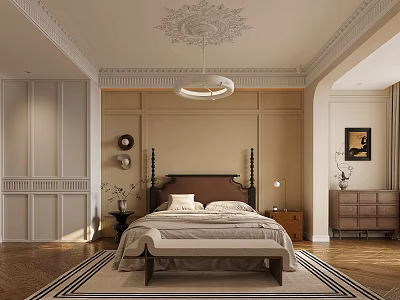 Elegant Bedroom Interior Design With Paneled Walls Decorative Ceiling Wooden Flooring And Area Rug 3d model