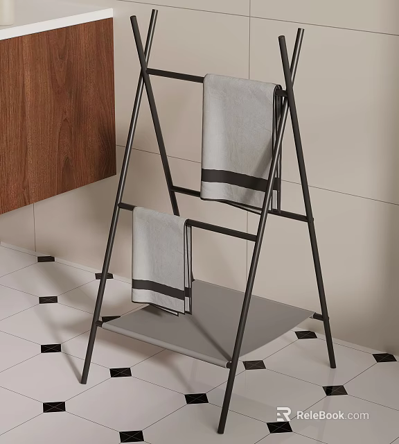 Black Metal Towel Rack With Gray Striped Towels And Shelf In Bathroom 3d model 