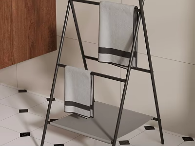 Black Metal Towel Rack With Gray Striped Towels And Shelf In Bathroom 3d model