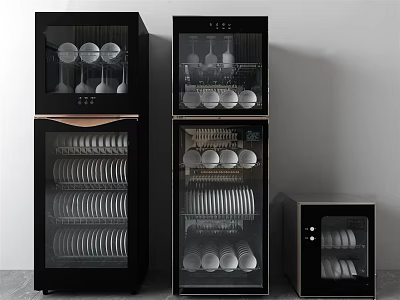 Modern Black Kitchen Appliances Storing Cups And Plates In Multiple Cabinets 3d model