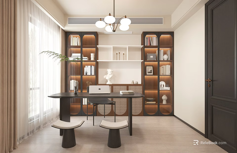 Modern Study Room Interior With Wooden Bookshelves Desk Laptop Chairs Natural Light And Potted Plant 3d model 
