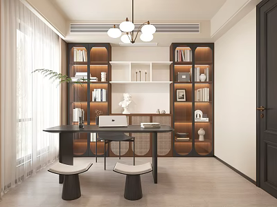 Modern Study Room Interior With Wooden Bookshelves Desk Laptop Chairs Natural Light And Potted Plant 3d model