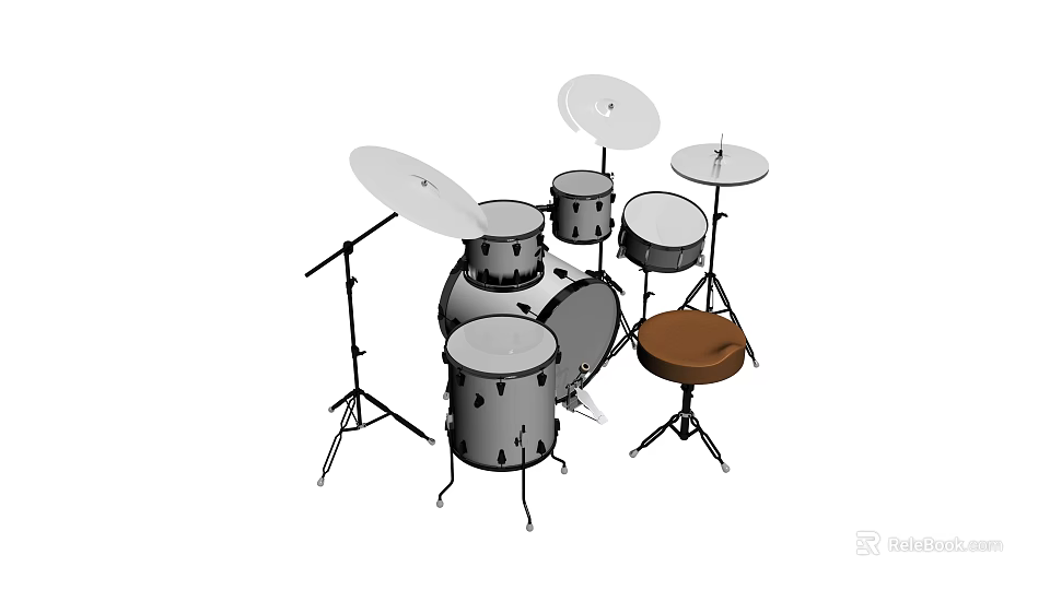 Drum Set Musical Instrument Kit Featuring Drums Cymbals Stands And Wooden Stool 3d model 