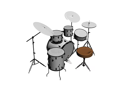 Drum Set Musical Instrument Kit Featuring Drums Cymbals Stands And Wooden Stool 3d model