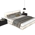 Modern Double Bed With Upholstered Headboard Pillows Patterned Throw Blanket And Nightstands With Table Lamp 3d model