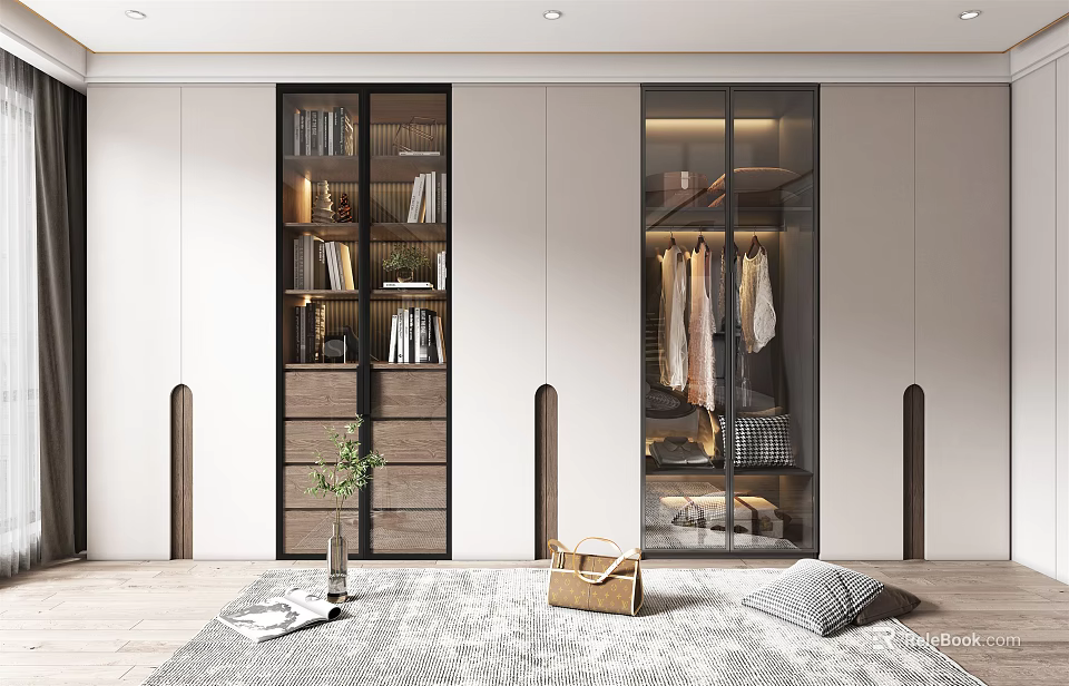 Modern Wardrobe Design Featuring Glass Panel Doors Wooden Drawers And Hanging Storage 3d model 