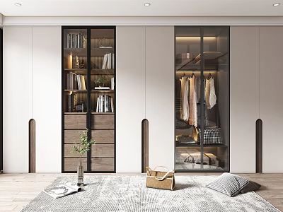 Modern Wardrobe Design Featuring Glass Panel Doors Wooden Drawers And Hanging Storage 3d model