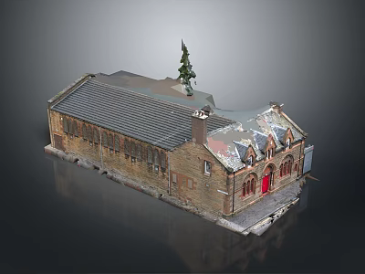Historic Brick Building With Pitched Roof Red Door Arched Windows And Small Tree 3d model