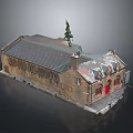 Historic Brick Building With Pitched Roof Red Door Arched Windows And Small Tree