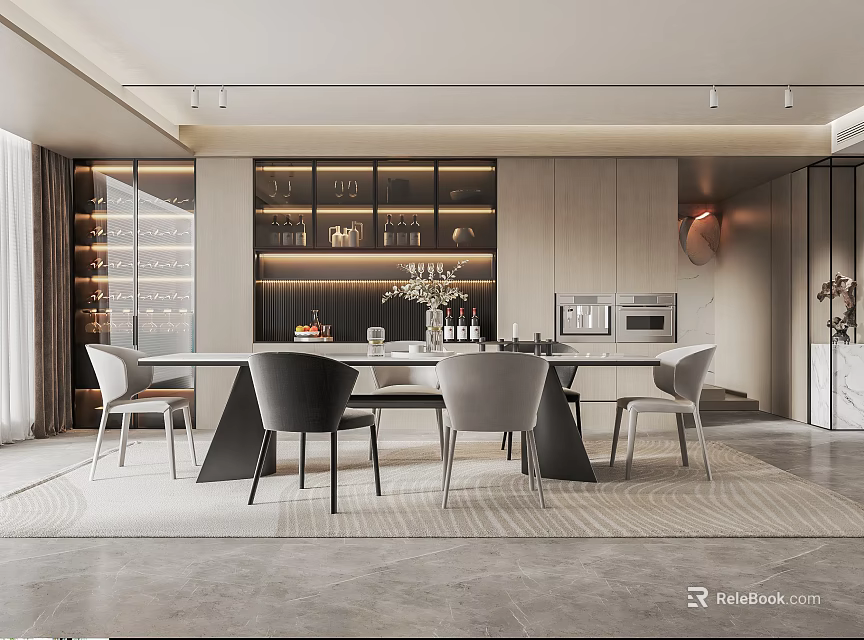 Modern Restaurant Interior With Dining Table Chairs Wine Racks And Ceiling Lights 3d model
