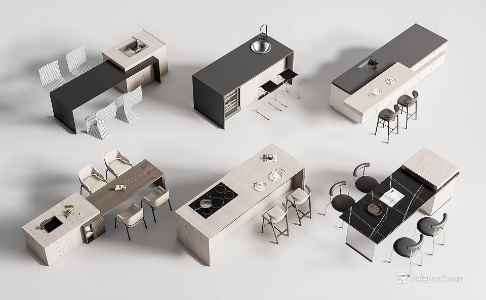 Various Modern Bar Counter Designs With Stools And Different Color Finishes 3d model 