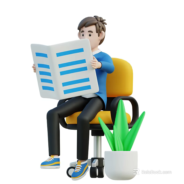 The man sitting on yellow chair reading book with blue stripes beside green potted plant 3d model 