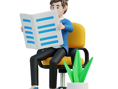 The man sitting on yellow chair reading book with blue stripes beside green potted plant 3d model