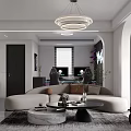 Modern Living and Dining Room Interior With Round Chandelier Sectional Sofa and Coffee Table
