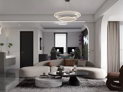 Modern Living and Dining Room Interior With Round Chandelier Sectional Sofa and Coffee Table 3d model