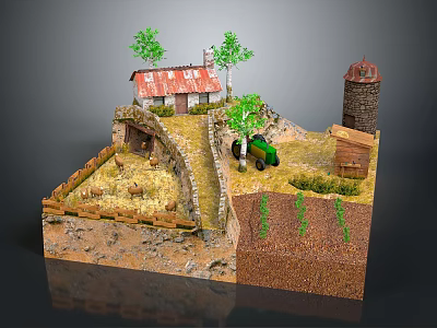 Cartoon Farm Scene With Red Roof House Windmill Tractor Trees And Fence 3d model