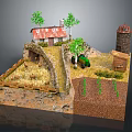 Cartoon Farm Scene With Red Roof House Windmill Tractor Trees And Fence