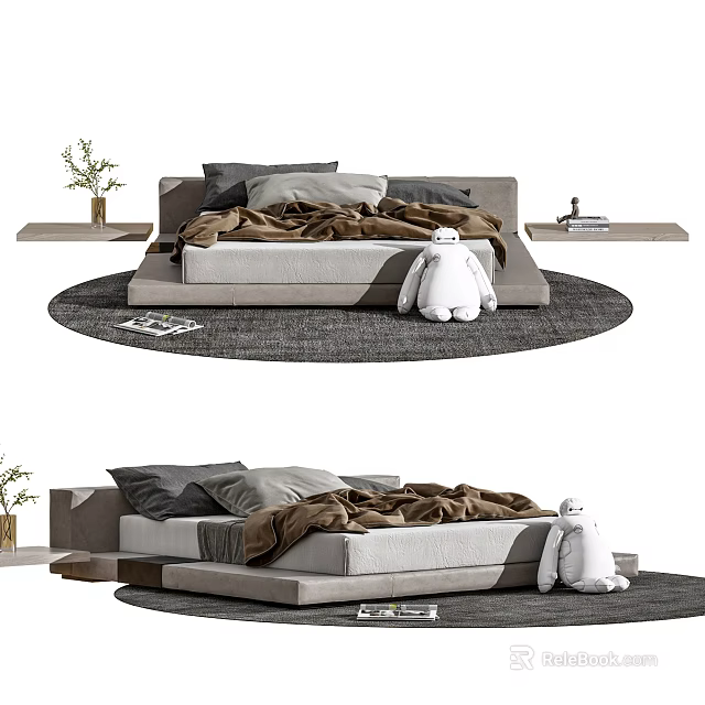 Modern Double Bed with Gray Pillows Brown Blanket and Plush Toy on Round Rug 3d model 