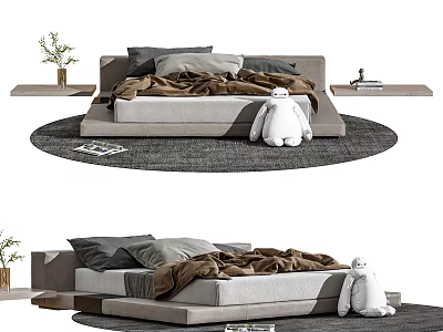 Modern Double Bed with Gray Pillows Brown Blanket and Plush Toy on Round Rug 3d model