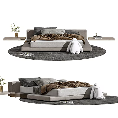 Modern Double Bed with Gray Pillows Brown Blanket and Plush Toy on Round Rug 3d model