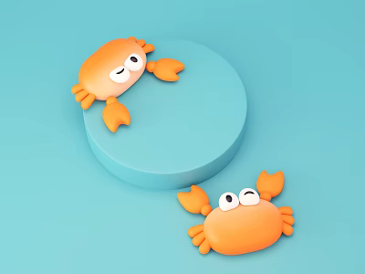 Two Orange Cartoon Crabs on Blue Circular Platform and Light Blue Background 3d model