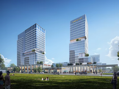 Twin Modern Residential Towers With Glass Curtain Walls Green Lawns And Pedestrian Areas 3d model