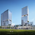 Twin Modern Residential Towers With Glass Curtain Walls Green Lawns And Pedestrian Areas