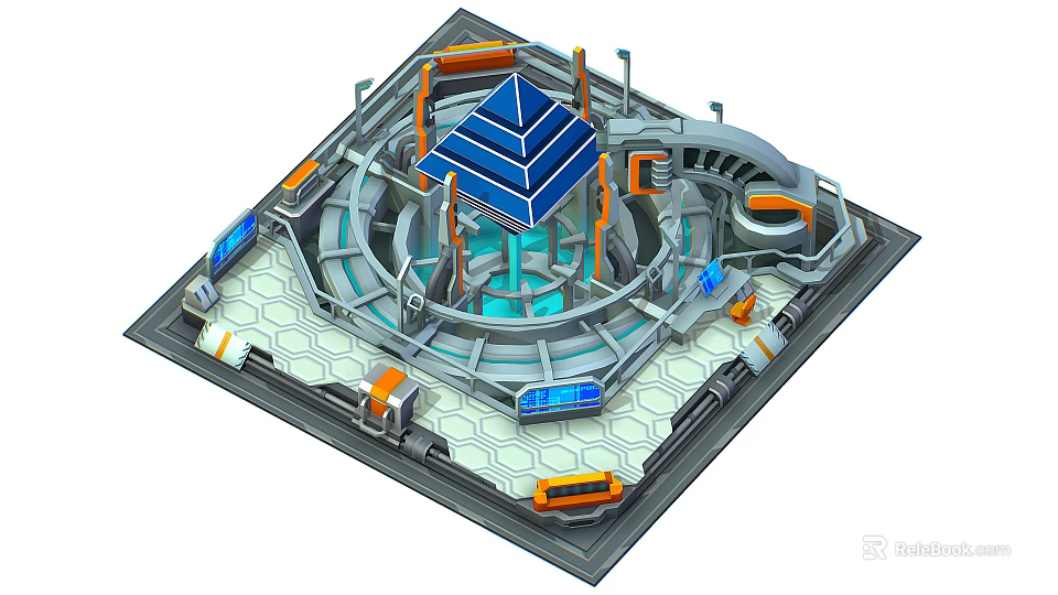 Cartoon Sci-Fi Scene Featuring Circular Structure Blue Pyramid Ring Track Hexagonal Floor and Orange Elements 3d model