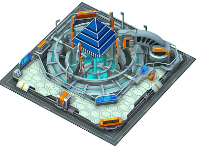 Cartoon Sci-Fi Scene Featuring Circular Structure Blue Pyramid Ring Track Hexagonal Floor and Orange Elements 3d model