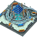 Cartoon Sci-Fi Scene Featuring Circular Structure Blue Pyramid Ring Track Hexagonal Floor and Orange Elements 3d model