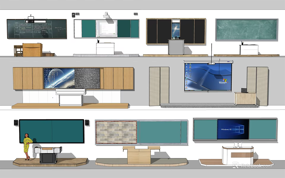 Classroom Wall Hanging Accessories Design with Blackboards Screens and Podiums 3d model 