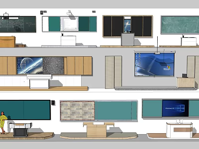 Classroom Wall Hanging Accessories Design with Blackboards Screens and Podiums 3d model