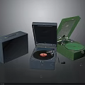 Vintage Record Players Blue And Green Open With Vinyl Record And Closed Cases