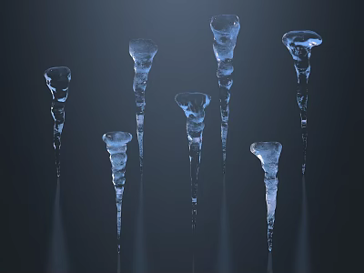 Icicles Displayed On Black Background With Various Shapes And Light Effects 3d model