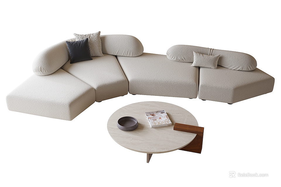 Modern L shaped Sofa with Coffee Table and Pillows Magazine Bowl in Living Room 3d model 