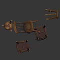 Fallen Wooden Chairs With Damaged Structure And Broken Parts On White Background