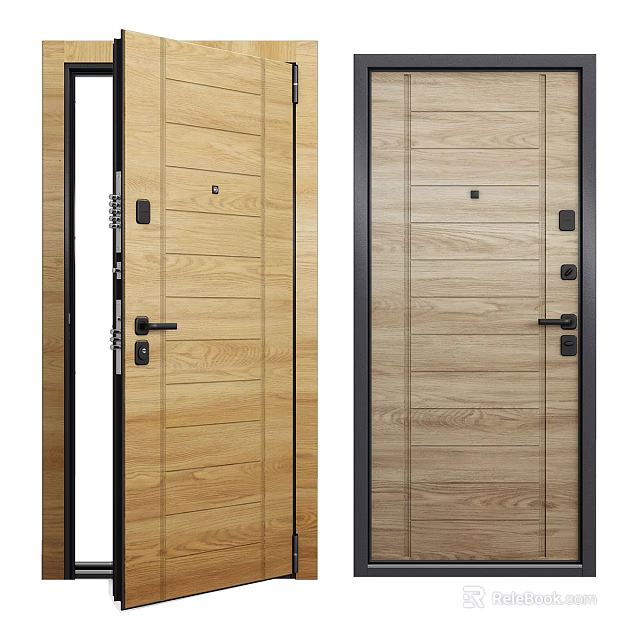 Modern Wooden Flush Doors With Wood Grain Design Black Frame And Handles 3d model 
