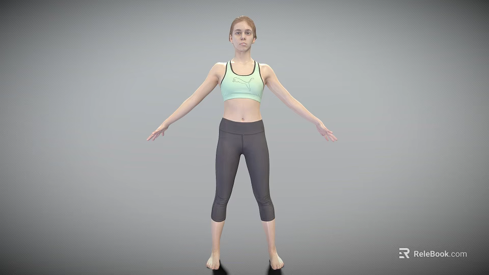 Woman Standing Barefoot with Arms Outstretched in Light Green Sports Bra and Dark Gray Leggings 3d model