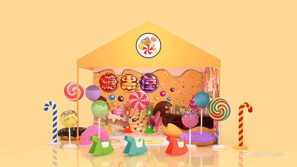 Candy House Tent Display With Colorful Lollipops Donuts And Sweet Decorations 3d model 