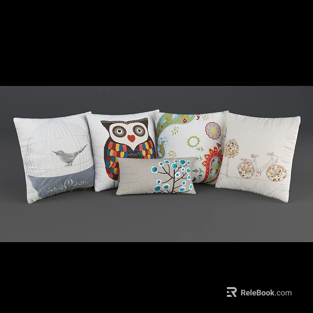 Decorative Throw Pillows With Owl Bird Floral And Tree Patterns In Soft Fabric 3d model