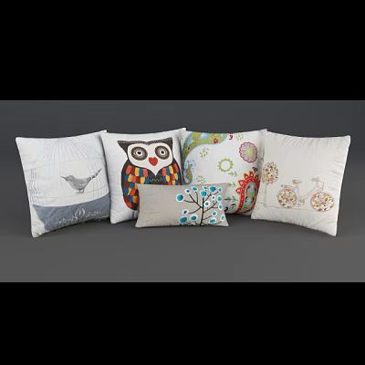 Decorative Throw Pillows With Owl Bird Floral And Tree Patterns In Soft Fabric 3d model