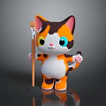 Cute Cartoon Cat With Orange White Brown Fur Colorful Eyes Holding Paintbrush On Dark Background