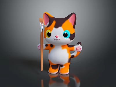 Cute Cartoon Cat With Orange White Brown Fur Colorful Eyes Holding Paintbrush On Dark Background 3d model