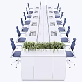 Modern Long Office Work Desk Setup With Multiple Computer Monitors Blue Chairs And Plants 3d model