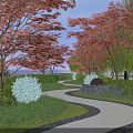 Garden Landscape Design Featuring Curved Path Red Leaved Trees Green Shrubs And Lush Lawn