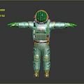 Man in Green Astronaut Suit With Orange Accents Stands Arms Outstretched Against Gray Background